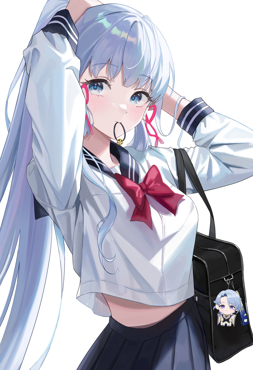 1girl absurdres adjusting_hair arms_up bag black_bag black_skirt blue_eyes blue_hair blue_sailor_collar bow breasts chinese_knot clothes_lift commentary genshin_impact hair_ornament hair_tie_in_mouth highres kamisato_ayaka kamisato_ayato long_hair looking_at_viewer midriff_peek mole mole_under_eye mouth_hold pleated_skirt ponytail_holder red_bow sailor_collar school_uniform serafuku shirt shirt_lift shoulder_bag shupami simple_background skirt solo very_long_hair white_background white_serafuku white_shirt