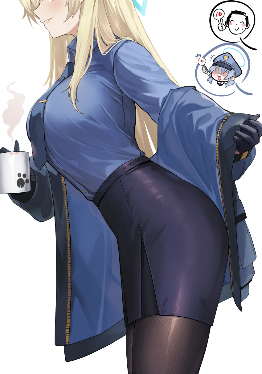 1boy 2girls absurdres arona's_sensei_doodle_(blue_archive) black_gloves black_jacket black_pantyhose blonde_hair blue_archive blue_halo blue_necktie blue_shirt blush breasts clenched_teeth collared_shirt commentary cup from_side gloves halo head_out_of_frame highres holding holding_cup inapple jacket kanna_(blue_archive) large_breasts long_hair long_sleeves multiple_girls necktie pantyhose pencil_skirt sensei_(blue_archive) sharp_teeth shirt side_slit simple_background skirt teeth valkyrie_police_academy_student_(blue_archive) white_background