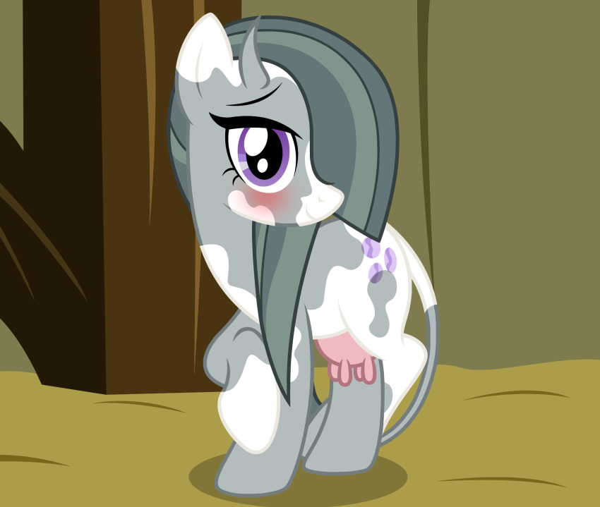 alternate_species badumsquish blush bovid bovine cattle cutie_mark female friendship_is_magic grey_body grey_hair hair hair_over_eye hasbro hi_res horn long_hair looking_at_viewer mammal marble_pie_(mlp) my_little_pony one_eye_obstructed purple_eyes solo teats udders