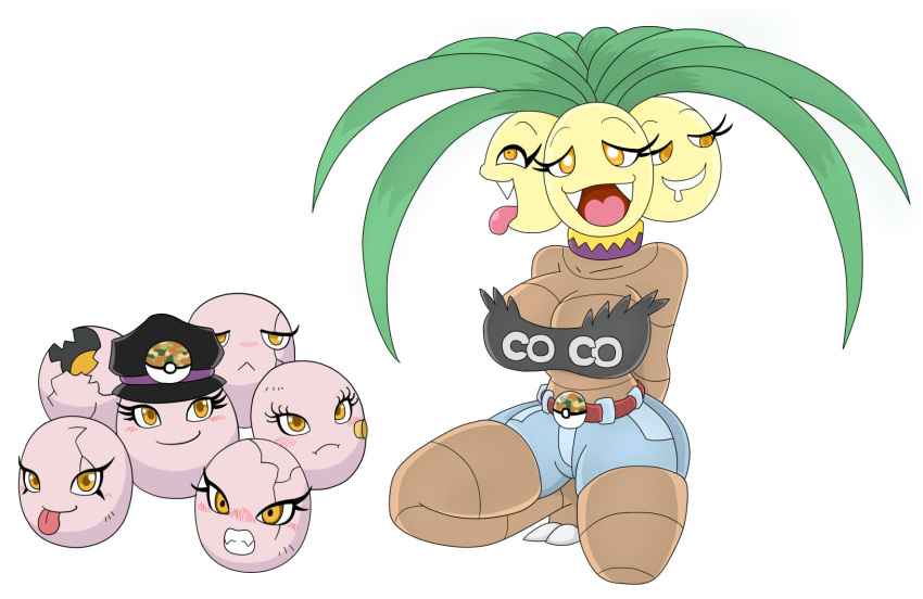 3_heads anthro armless big_breasts blush bottomwear breasts brown_body clothing collar egg exeggcute exeggutor female generation_1_pokemon green_hair group hair hat headgear headwear hi_res legless multi_head nintendo pink_body pokeball pokemon pokemon_(species) shirt shorts simple_background tongue topwear urusee584 white_background yellow_eyes