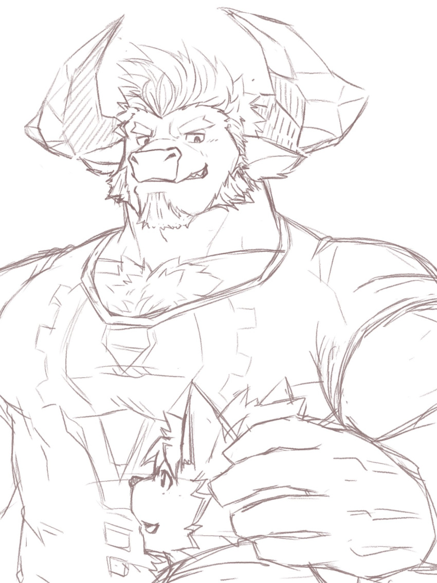 anthro beard blush bovid bovine canid canine canis cattle clothing dog_operator domestic_dog duo facial_hair grin hi_res horn lifewonders live_a_hero llmoq00 male male/male mammal muscular muscular_anthro muscular_male obsidius pecs protagonist_(live_a_hero) shirt size_difference sketch smile t-shirt topwear