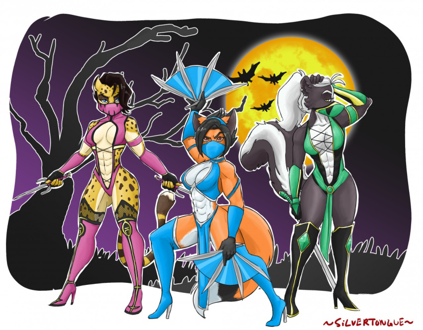 abs anthro bronx23 canid canine cheetah felid feline female fox group jade_(mortal_kombat) kitana mammal melee_weapon mephitid mileena muscular muscular_female rosaline_(bronx23) silvertongue_(artist) skunk sonya_mayers sword trinity_barnett trio weapon