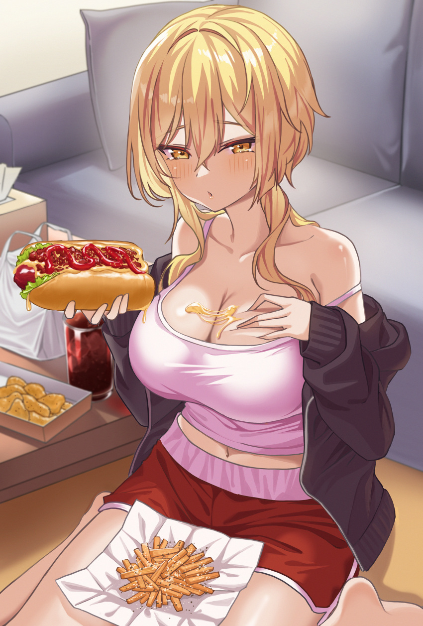 1girl absurdres bare_shoulders blonde_hair bread breasts cleavage collarbone couch custard food genshin_impact highres holding holding_food hot_dog ketchup large_breasts lumine_(genshin_impact) navel o-los parted_lips sandwich shirt shorts sitting soda sweater wariza yellow_eyes