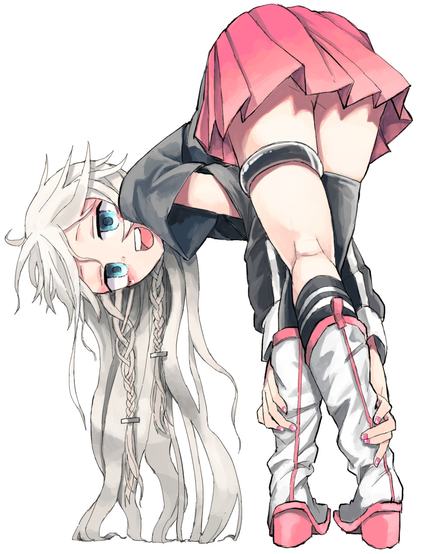 1girl aqua_eyes ass ass_focus ass_peek asymmetrical_legwear bent_over boots braid cevio crossed_legs from_behind half-closed_eyes hands_on_own_legs highres ia_(vocaloid) kneehighs long_hair looking_at_viewer looking_back open_mouth pink_nails pink_skirt single_kneehigh single_sock single_thighhigh skirt socks solo teeth thigh_strap thighhighs twin_braids uneven_legwear upper_teeth_only very_long_hair vocaloid white_background white_footwear white_hair yunuki_uta