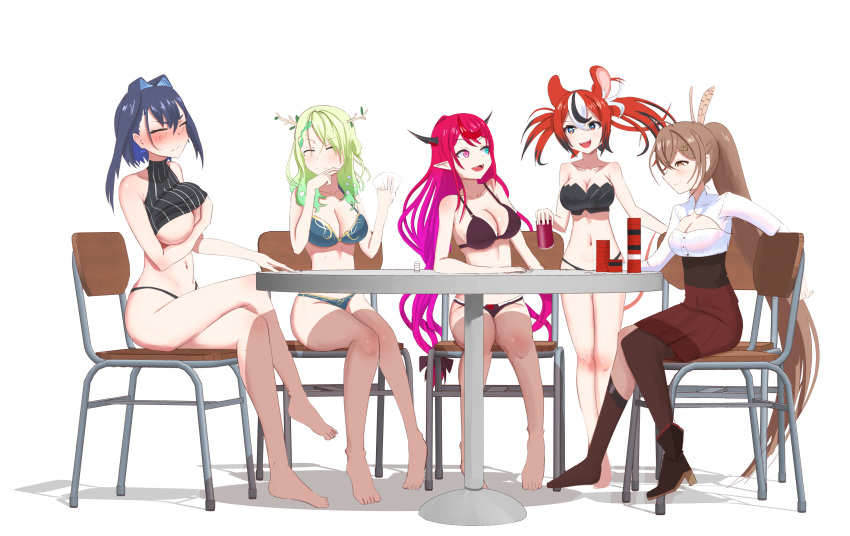 5girls alternate_costume angelchama animal_ear_fluff animal_ears antlers asymmetrical_legwear black_bra black_hair black_panties blue_bra blue_eyes blue_hair blue_panties blush bra braid breasts brown_corset brown_eyes brown_hair can card ceres_fauna chair cleavage cleavage_cutout closed_eyes closed_mouth clothing_cutout corset embarrassed feather_hair_ornament feathers green_hair hair_intakes hair_ornament hakos_baelz heterochromia highres holding holding_can holding_card holocouncil hololive hololive_english horns irys_(hololive) kneehighs large_breasts long_hair looking_at_another medium_breasts mouse_ears mouse_girl multicolored_hair multiple_girls nanashi_mumei navel on_chair open_mouth ouro_kronii panties pink_eyes playing_card pleated_skirt pointy_ears poker poker_chip ponytail purple_bra purple_hair purple_panties red_hair red_skirt shirt shoes short_hair side_braid simple_background single_kneehigh single_shoe single_sock single_thighhigh sitting skirt smile smug socks standing stomach streaked_hair strip_game strip_poker table thighhighs twintails underwear underwear_only very_long_hair virtual_youtuber white_background white_hair white_shirt yuri