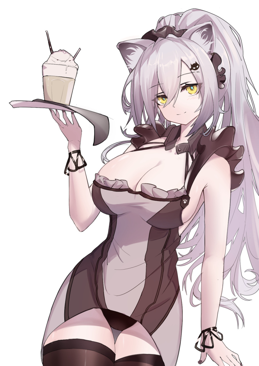 1girl animal_ear_fluff animal_ears arknights bare_shoulders black_nails black_panties breasts brown_dress brown_thighhighs cat_ears cleavage closed_mouth commentary_request cup dress drinking_glass grey_hair hand_up high_ponytail highres holding large_breasts long_hair nail_polish panties ponytail schwarz_(arknights) simple_background smile solo thigh_gap thighhighs underwear very_long_hair white_background yunlingluo