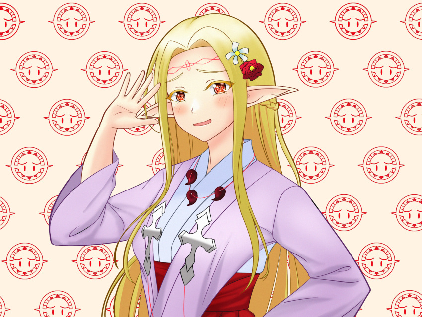 1girl blonde_hair blush chen_wen1124 edomae_elf eldali_ilma_fanomenel elf flower hair_flower hair_ornament hand_up highres long_hair open_mouth pointy_ears red_eyes solo