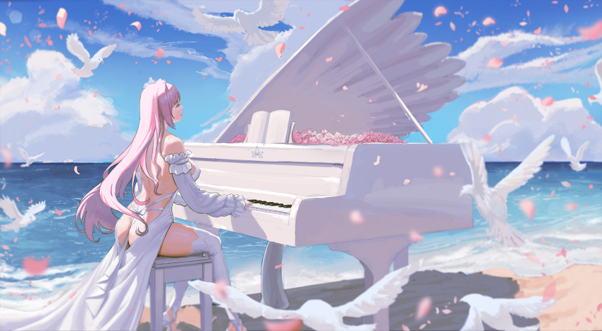 1girl ass bare_shoulders beach bird blue_sky breasts closed_eyes closed_mouth detached_sleeves dorothy_(nikke) dress goddess_of_victory:_nikke hair_bun highres instrument large_breasts long_hair outdoors piano pink_hair ray8834 ribbon single_side_bun sky solo thighhighs thighs very_long_hair