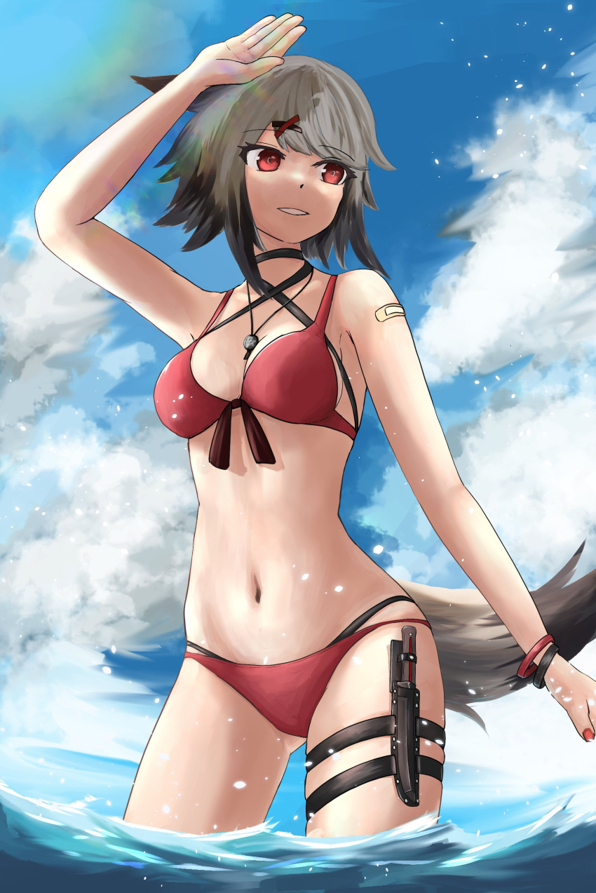 1girl absurdres animal_ears arknights arm_up bandaid bandaid_on_arm bikini blue_sky breasts cloud cutter_(arknights) fox_ears fox_girl fox_tail grey_hair highres jewelry knife_sheath layered_bikini medium_breasts navel necklace ocean partially_submerged red_bikini red_eyes sheath sky smile solo standing stomach superbeek4 swimsuit tail thigh_sheath water