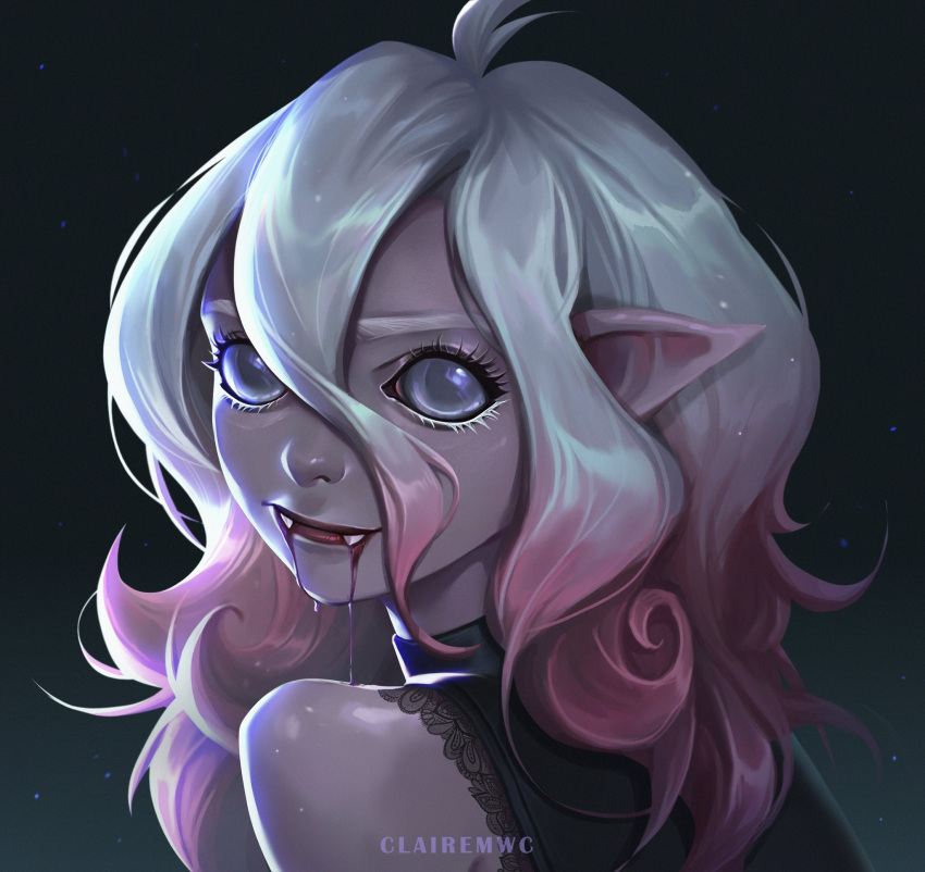 1girl ahoge bare_shoulders blood briar_(league_of_legends) clairemwc colored_skin fangs fangs_out grey_eyes grey_hair hair_between_eyes highres league_of_legends long_hair looking_at_viewer multicolored_hair pink_hair pointy_ears sharp_teeth solo teeth two-tone_hair vampire