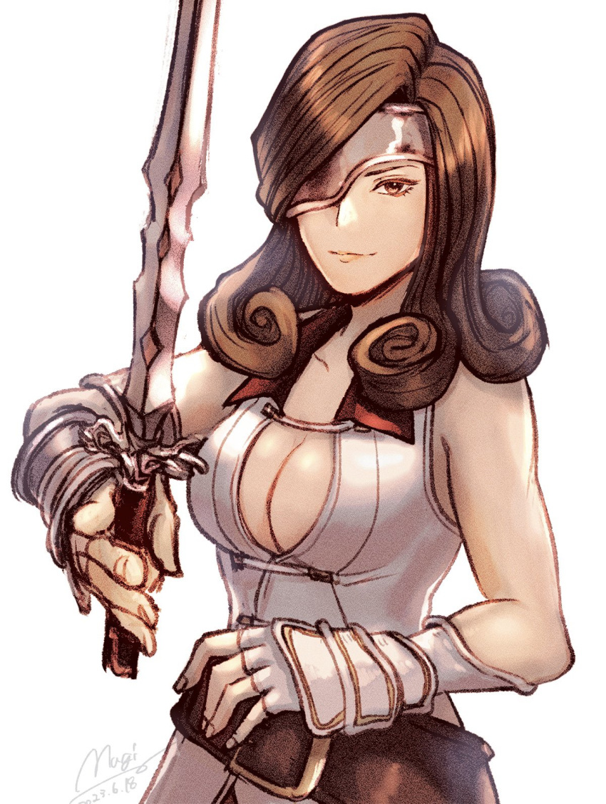 1girl asymmetrical_hair bare_shoulders beatrix_(ff9) belt breasts brown_eyes brown_hair dress eyepatch final_fantasy final_fantasy_ix fingerless_gloves gauntlets gloves highres holding holding_weapon komugiko_no_mori looking_at_viewer loose_belt medium_breasts signature sleeveless smile solo upper_body weapon white_background