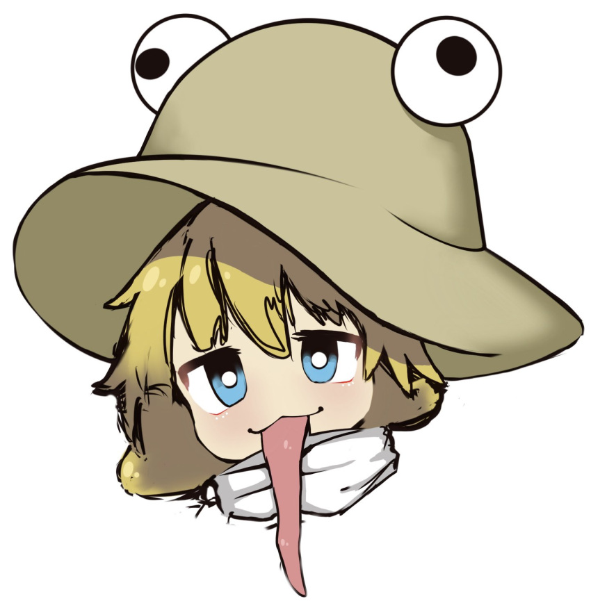 1girl blonde_hair blue_eyes brown_headwear hair_between_eyes hat highres large_hat long_tongue looking_at_viewer moriya_suwako pyonta rn_(sbr2933090) simple_background tongue tongue_out touhou turtleneck very_long_tongue white_background