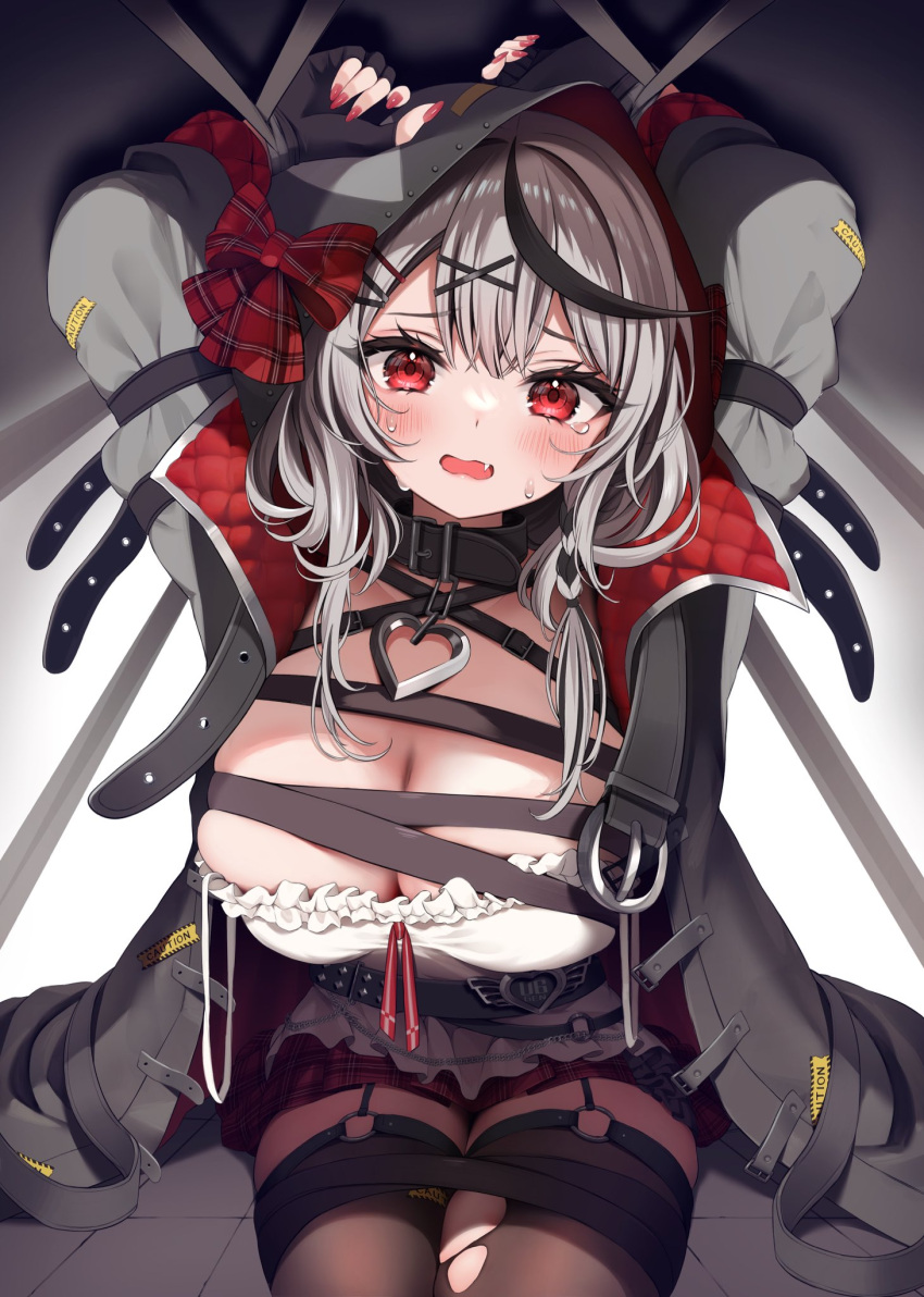 1girl bdsm black_collar black_gloves black_hair black_jacket black_thighhighs blush bondage bound breasts camisole chest_strap cleavage collar double-parted_bangs fang frilled_camisole frills garter_straps gloves grey_hair hair_between_eyes hair_ornament heart_collar highres hololive jacket large_breasts long_sleeves looking_at_viewer multicolored_hair nail_polish namagome_negi open_clothes open_jacket open_mouth plaid plaid_skirt red_eyes red_nails red_skirt sakamata_chloe sakamata_chloe_(1st_costume) sign sitting sitting_on_object skirt solo strap_slip streaked_hair sweat tearing_up thighhighs torn_clothes torn_thighhighs two-tone_hair warning_sign wavy_mouth white_camisole x_hair_ornament