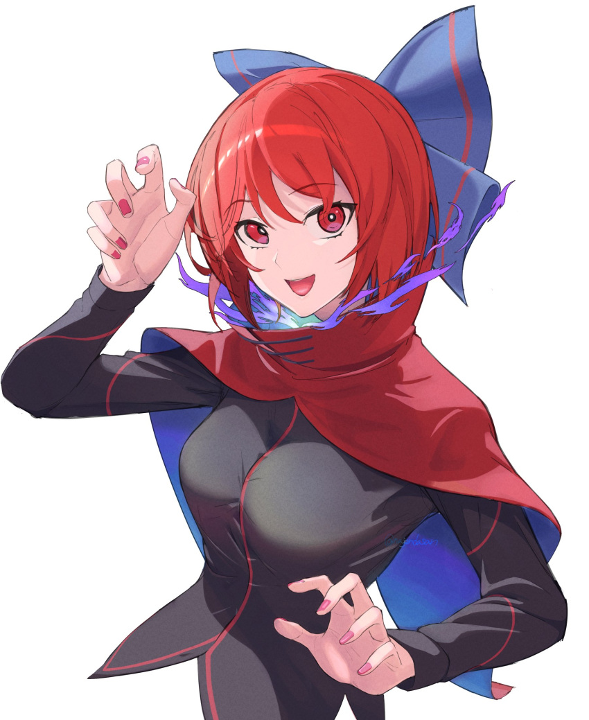 1girl :d black_shirt blue_bow bow breasts claw_pose cloak double_dealing_character hair_bow highres kanpiro long_sleeves looking_at_viewer medium_breasts red_cloak red_hair sekibanki shirt short_hair simple_background smile solo touhou twitter_username white_background