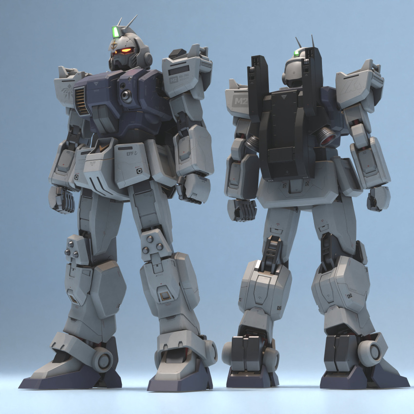 3d absurdres backpack bag blender_(medium) comparison earth_federation emblem english_commentary ground_gundam_type_s gun gundam highres machine_gun machinery mecha mjeff mobile_suit muzzle no_humans original realistic redesign robot science_fiction weapon