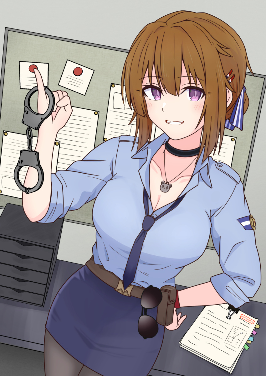 1girl ammunition_pouch aviator_sunglasses belt black_pantyhose blue_necktie blue_shirt blue_skirt blush breasts brown_hair choker cleavage cowboy_shot cuffs from_above girls'_frontline gotoo grizzly_mkv_(elite_on_patrol)_(girls'_frontline) grizzly_mkv_(girls'_frontline) hair_ornament hairclip hand_on_own_hip handcuffs highres holding holding_handcuffs indoors jewelry large_breasts looking_at_viewer loose_necktie medium_hair necklace necktie open_mouth pantyhose papers pouch purple_eyes shirt shirt_tucked_in skirt sleeves_rolled_up smile solo sunglasses unworn_eyewear wristband