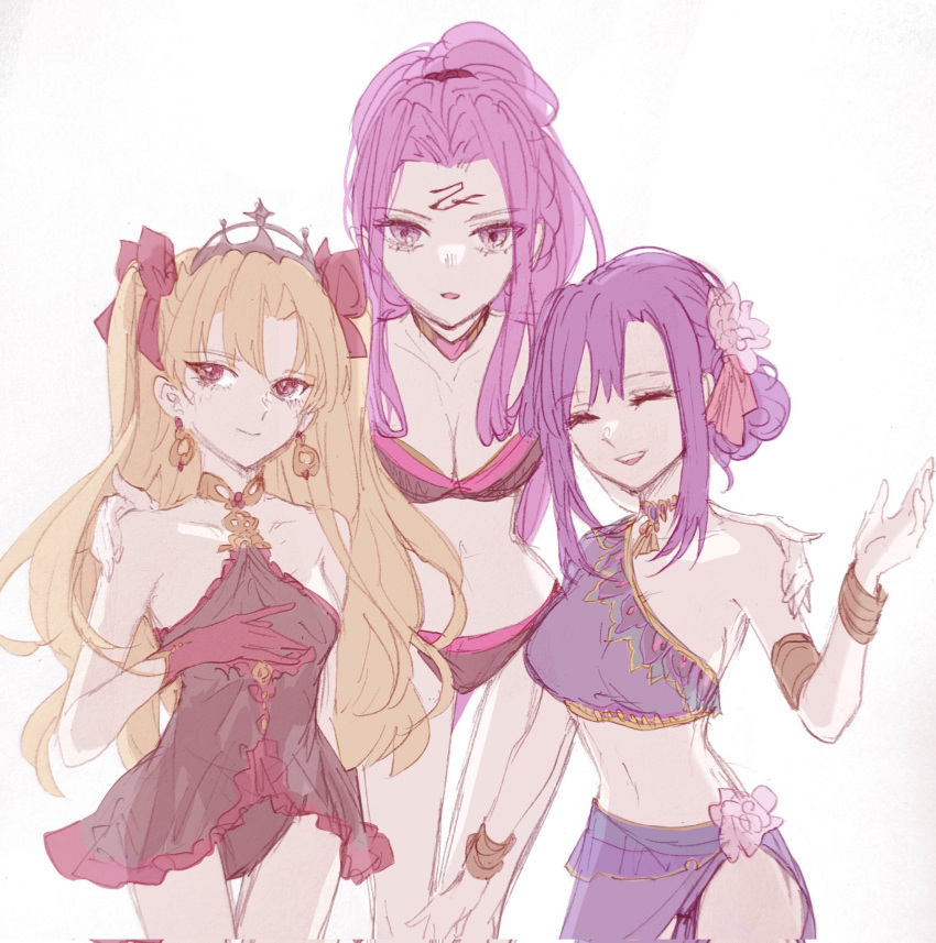 3girls alternate_costume blonde_hair breasts cleavage closed_eyes ereshkigal_(fate) facial_mark fate/grand_order fate_(series) fgo39625963 forehead forehead_mark highres matou_sakura medusa_(fate) midriff multiple_girls parvati_(fate) purple_eyes purple_hair red_eyes simple_background swimsuit twintails upper_body white_background