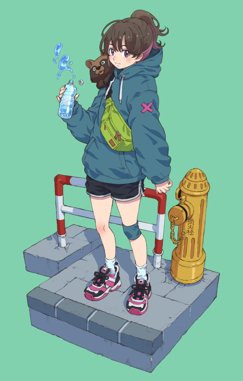 1girl animal animal_on_shoulder aqua_background aqua_hoodie black_shorts bottle bottle_cap brown_hair closed_mouth commentary_request dolphin_shorts drawstring fanny_pack faux_figurine fire_hydrant green_bag hand_up highres holding holding_bottle hood hood_down hoodie long_sleeves multicolored_hair original pavement pink_footwear pink_hair purple_hair railing shoes short_shorts shorts simple_background sneakers socks solo standing tanuki tanuki_koubou water_bottle white_socks