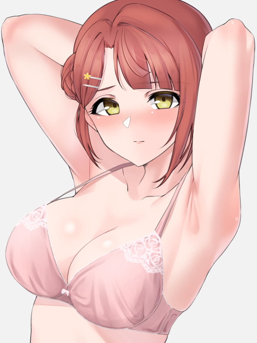 1girl armpits arms_up blush breasts brown_hair cleavage closed_mouth hair_ornament hairclip highres looking_at_viewer love_live! love_live!_nijigasaki_high_school_idol_club nasuno_(nasuno42) solo uehara_ayumu underwear upper_body yellow_eyes