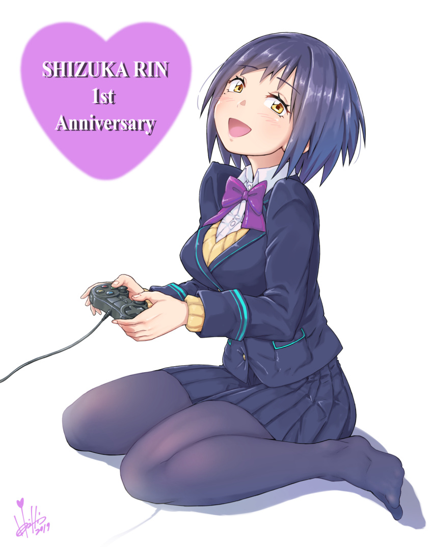 1girl :d anniversary blazer blue_hair blue_jacket blue_skirt blush bow bowtie breasts cardigan character_name collared_shirt controller dated english_text eyelashes feet fine_fabric_emphasis full_body game_controller highres holding holding_controller holding_game_controller hori_shin jacket legs looking_at_viewer medium_breasts medium_hair nijisanji no_shoes open_mouth pantyhose pleated_skirt purple_bow purple_bowtie purple_pantyhose school_uniform shadow shirt shizuka_rin signature simple_background sitting skirt smile solo thighs toes virtual_youtuber wariza white_background white_shirt yellow_cardigan yellow_eyes