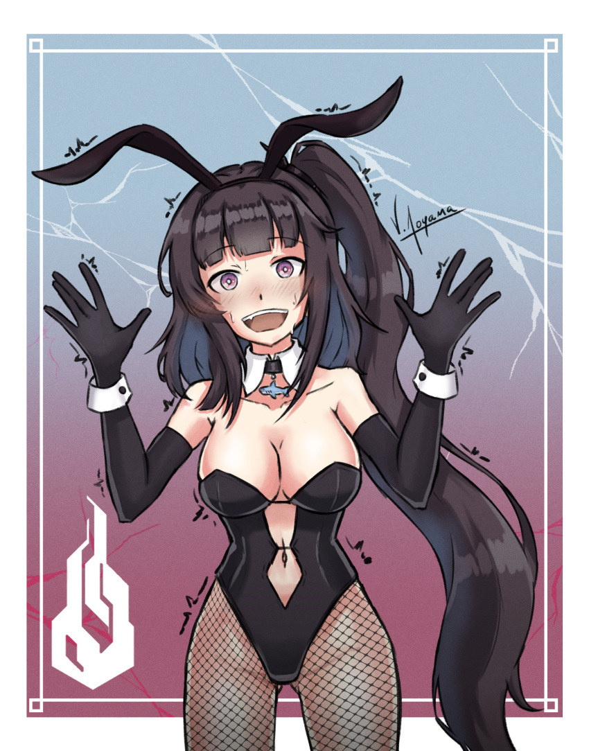 1girl :d absurdres animal_ears architect_(girls'_frontline) ass_visible_through_thighs bare_shoulders black_gloves black_hair black_leotard blunt_bangs blush breasts bunny_day cleavage clothing_cutout collarbone commentary cowboy_shot detached_collar elbow_gloves english_commentary fake_animal_ears fishnet_pantyhose fishnets girls'_frontline gloves gradient_background hair_ornament hands_up highres kemonomimicon large_breasts leotard long_hair looking_at_viewer navel navel_cutout nervous_sweating one_side_up open_hands open_mouth pantyhose playboy_bunny purple_eyes rabbit_ears rabbit_girl sangvis_ferri shark simple_background smile solo standing straight-on strapless strapless_leotard sweat teeth trembling upper_teeth_only very_long_hair white_wrist_cuffs wrist_cuffs