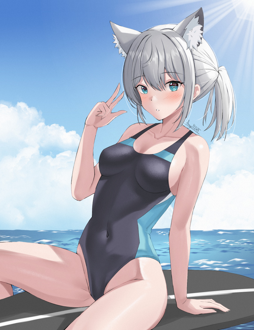 1girl absurdres animal_ear_fluff animal_ears black_one-piece_swimsuit blue_archive blue_eyes blue_sky breasts cloud competition_swimsuit covered_navel cowboy_shot cross_hair_ornament day extra_ears grey_hair hair_ornament halo highres horizon iris_angel12xii leaning_back looking_at_viewer low_ponytail medium_breasts medium_hair mismatched_pupils multicolored_clothes multicolored_swimsuit ocean official_alternate_costume one-piece_swimsuit outdoors shiroko_(blue_archive) shiroko_(swimsuit)_(blue_archive) sitting sky solo surfboard swimsuit wolf_ears