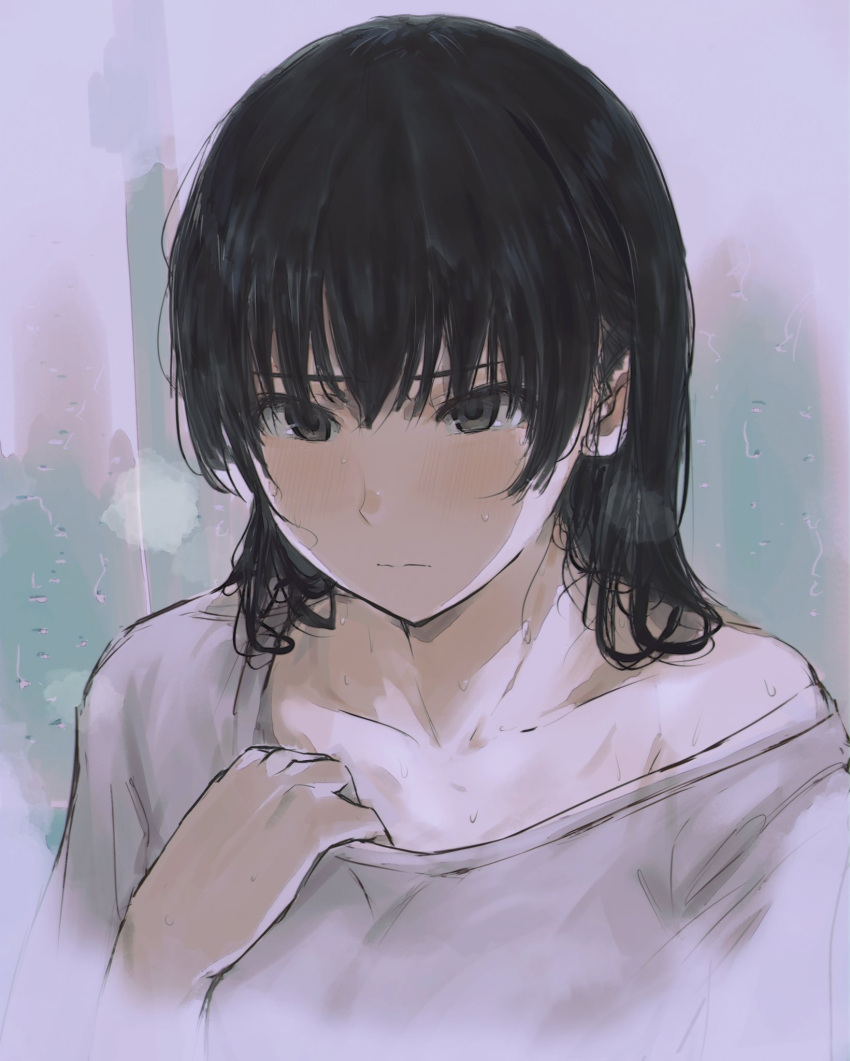 1girl amagami ayatsuji_tsukasa black_eyes black_hair blush collarbone highres off_shoulder shirt solo tenpanco upper_body wet wet_hair white_shirt