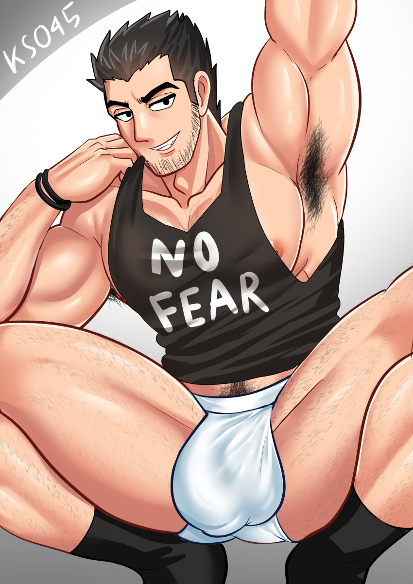 1boy abs absurdres alternate_body_hair arm_hair arm_up armpit_hair armpits ass_visible_through_thighs bara beard_stubble black_hair black_socks black_tank_top briefs chest_hair feet_out_of_frame hairy highres ks045art large_pectorals looking_at_viewer lucas_lee male_focus male_underwear midriff_peek muscular muscular_male navel navel_hair nipple_slip nipples no_pants pectoral_cleavage pectorals pubic_hair scott_pilgrim_takes_off seductive_smile short_hair sidepec smile socks solo squatting tank_top thick_eyebrows thick_thighs thighs underwear white_male_underwear