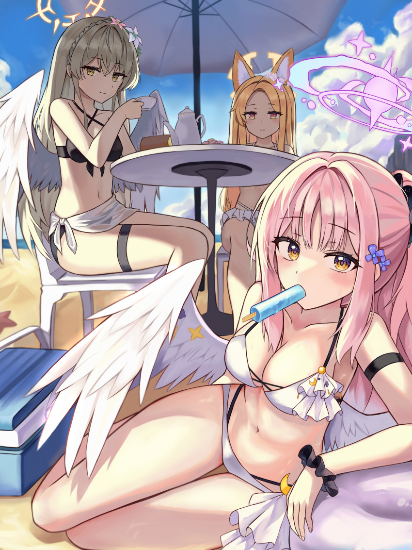 3girls absurdres alternate_costume alternate_hairstyle angel_wings animal_ear_fluff animal_ears arm_support armlet ass beach bikini black_bikini blonde_hair blue_archive blue_sky blunt_bangs blurry braid breasts cleavage cloud cloudy_sky collarbone commentary_request cooler crown_braid cup depth_of_field feathered_wings food_in_mouth forehead fox_ears fox_girl frilled_bikini frills grey_hair hair_between_eyes hair_ornament hair_scrunchie halo hamu_(hvmzld123) highres holding holding_cup innertube long_hair looking_at_viewer lying mika_(blue_archive) multiple_girls nagisa_(blue_archive) navel ocean on_chair on_side orange_eyes outdoors parted_bangs pink_hair ponytail popsicle_in_mouth scrunchie seia_(blue_archive) sidelocks sitting sky sleeveless smile stomach swimsuit table teacup thighlet white_bikini white_wings wings wrist_scrunchie yellow_eyes