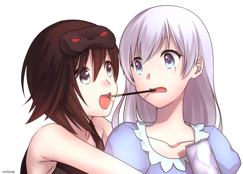 2girls artist_name blue_eyes brown_hair candy_wrapper collarbone eye_mask food food_in_mouth grey_eyes hair_between_eyes hair_down hug kio_rojine long_hair multiple_girls nightgown open_mouth pajamas pink_pajamas pocky pocky_in_mouth ruby_rose rwby scar scar_across_eye short_hair tank_top weiss_schnee white_background white_hair