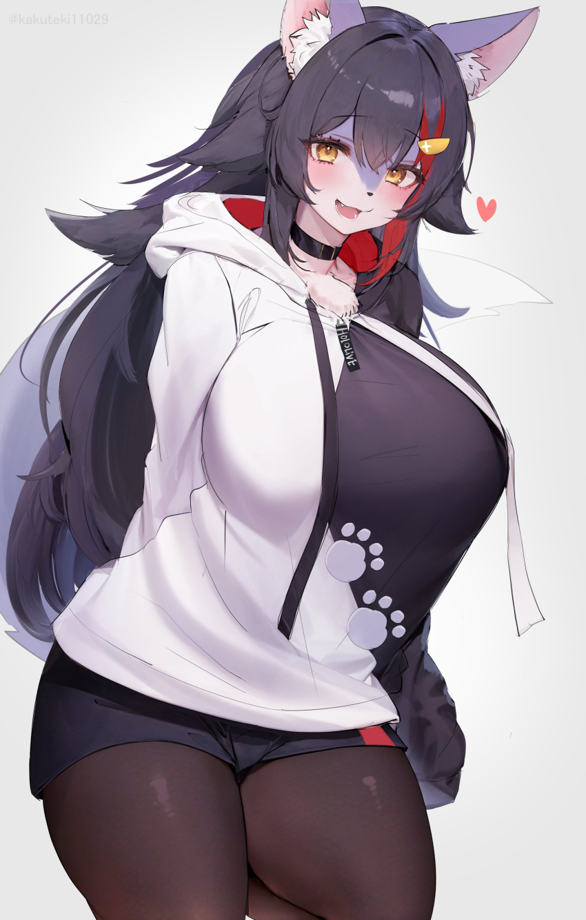&lt;3 absurd_res accessory alternate_species anthro big_breasts black_hair bottomwear breasts canid canine canis clothing fangs female fur furrification grey_body grey_fur hair hair_accessory hi_res highlights_(coloring) hololive huge_breasts kakuteki11029 kemono looking_at_viewer mammal multicolored_body multicolored_fur multicolored_hair ookami_mio open_mouth red_hair simple_background smile solo teeth thick_thighs topwear vtuber white_body white_fur wolf yellow_eyes