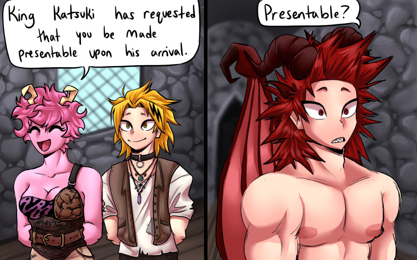 2_horns absurd_res ashido_mina breasts choker cleavage clothed clothing comic denki_kaminari dialogue eijiro_kirishima english_text female group hi_res horn human humanoid jewelry male mammal membrane_(anatomy) membranous_wings my_hero_academia necklace pretty_werewolf speech_bubble text trio winged_dragon winged_humanoid wings