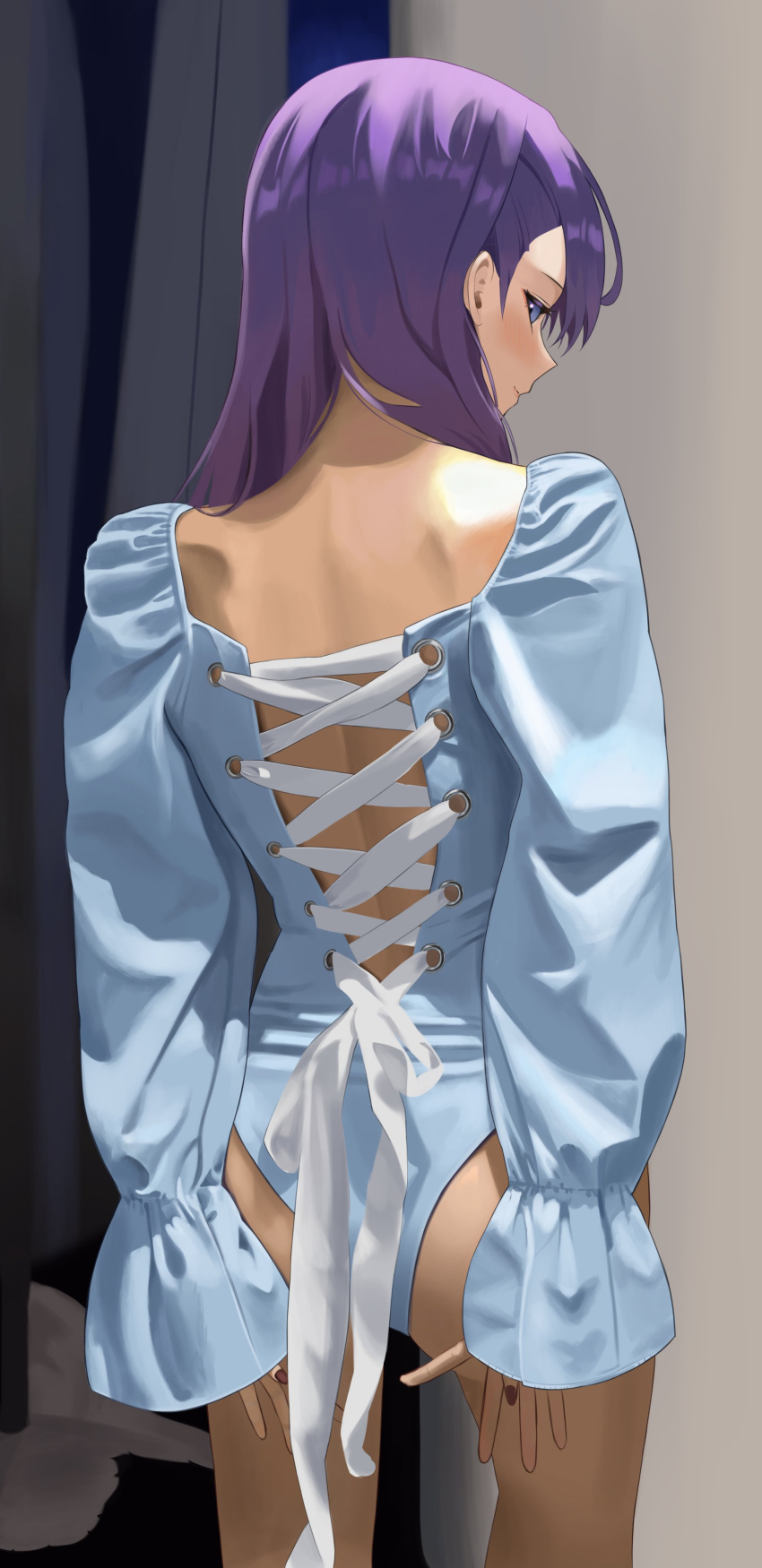 1girl absurdres ass blue_hair closed_mouth clothing_request dress dubeaduver highres indoors long_hair long_sleeves looking_at_viewer looking_back original pantyhose profile purple_hair red_nails shoulder_blades skirt sleeves_past_wrists smile solo standing striped thighhighs underwear