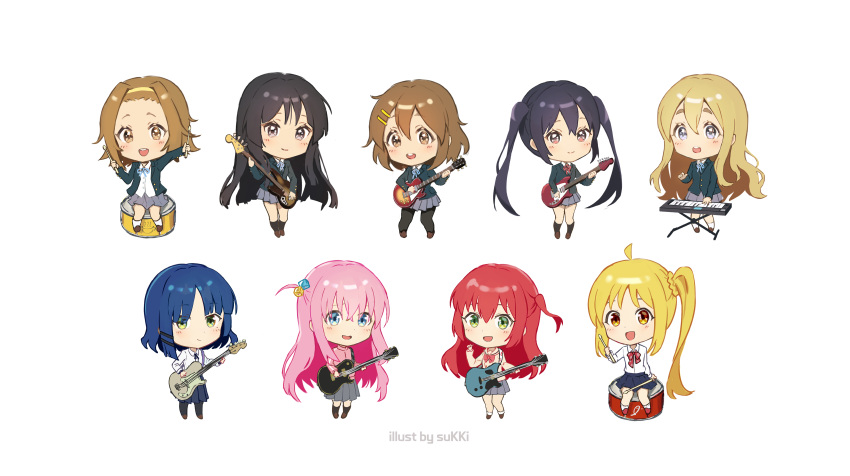 6+girls absurdres ahoge akiyama_mio artist_name bass_guitar black_hair blonde_hair blue_hair bocchi_the_rock! brown_eyes brown_hair chibi closed_mouth commentary crossover cube_hair_ornament cute_took drum drum_set drumsticks electric_guitar english_commentary gotou_hitori green_eyes grey_shirt grey_skirt guitar hair_ornament hairband hairclip highres hirasawa_yui holding holding_drumsticks holding_instrument ijichi_nijika instrument k-on! keyboard_(instrument) kita_ikuyo kotobuki_tsumugi long_hair looking_at_viewer multiple_girls nakano_azusa one_side_up open_mouth pink_hair pleated_skirt red_hair sakuragaoka_high_school_uniform school_uniform serafuku shimokitazawa_high_school_uniform shirt short_hair shuka_high_school_uniform side_ponytail simple_background sitting skirt smile standing tainaka_ritsu twintails watermark white_background white_shirt winter_uniform yamada_ryou yellow_hairband