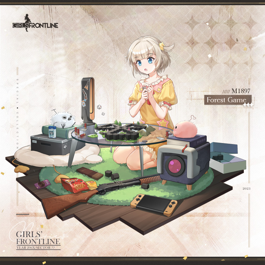 1girl 2023 :o bag bare_arms bare_legs bird bladeless_fan blonde_hair blue_eyes board_game book box character_name chilunchilun commentary copyright_name dice english_commentary full_body girls'_frontline griffin_&amp;_kryuger gun hair_ornament hair_scrunchie highres juice_box kneeling m1897_(forest_game)_(girls'_frontline) m1897_(girls'_frontline) nintendo_switch official_alternate_costume official_art open_box open_mouth own_hands_together pajamas pink_bird pump_action rug scrunchie second-party_source seiza short_hair short_sleeves shotgun shotgun_shell simple_background sitting snack solo star_(symbol) sticker weapon white_background white_bird winchester_model_1897 wooden_floor yellow_pajamas yellow_scrunchie