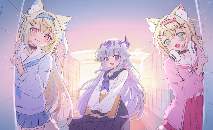 3girls animal_ear_fluff animal_ears black_choker blonde_hair blue_hair blue_shirt blue_skirt blush choker colored_inner_hair dog_ears dog_girl dog_tail fuwawa_abyssgard grey_hair hair_ornament hairpin headphones headphones_around_neck highres hololive hololive_english koseki_bijou long_hair looking_at_viewer medium_hair mococo_abyssgard multicolored_hair multiple_girls nyana_xoxo open_mouth pink_hair pink_shirt pink_skirt purple_eyes purple_skirt school_uniform shirt siblings sidelocks sisters skirt smile streaked_hair tail twins two_side_up virtual_youtuber white_shirt x_hair_ornament