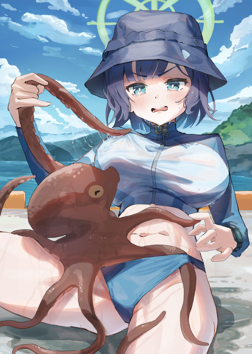 1girl absurdres bikini bikini_bottom_only black_hair blue_archive blue_bikini blue_eyes blue_headwear blue_sky bucket_hat cloud cropped_jacket day green_halo halo hat highres jacket multicolored_clothes multicolored_jacket naka1379 navel ocean octopus official_alternate_costume on_ground outdoors saki_(blue_archive) saki_(swimsuit)_(blue_archive) short_hair sitting sky solo swimsuit two-tone_jacket watch water wristwatch
