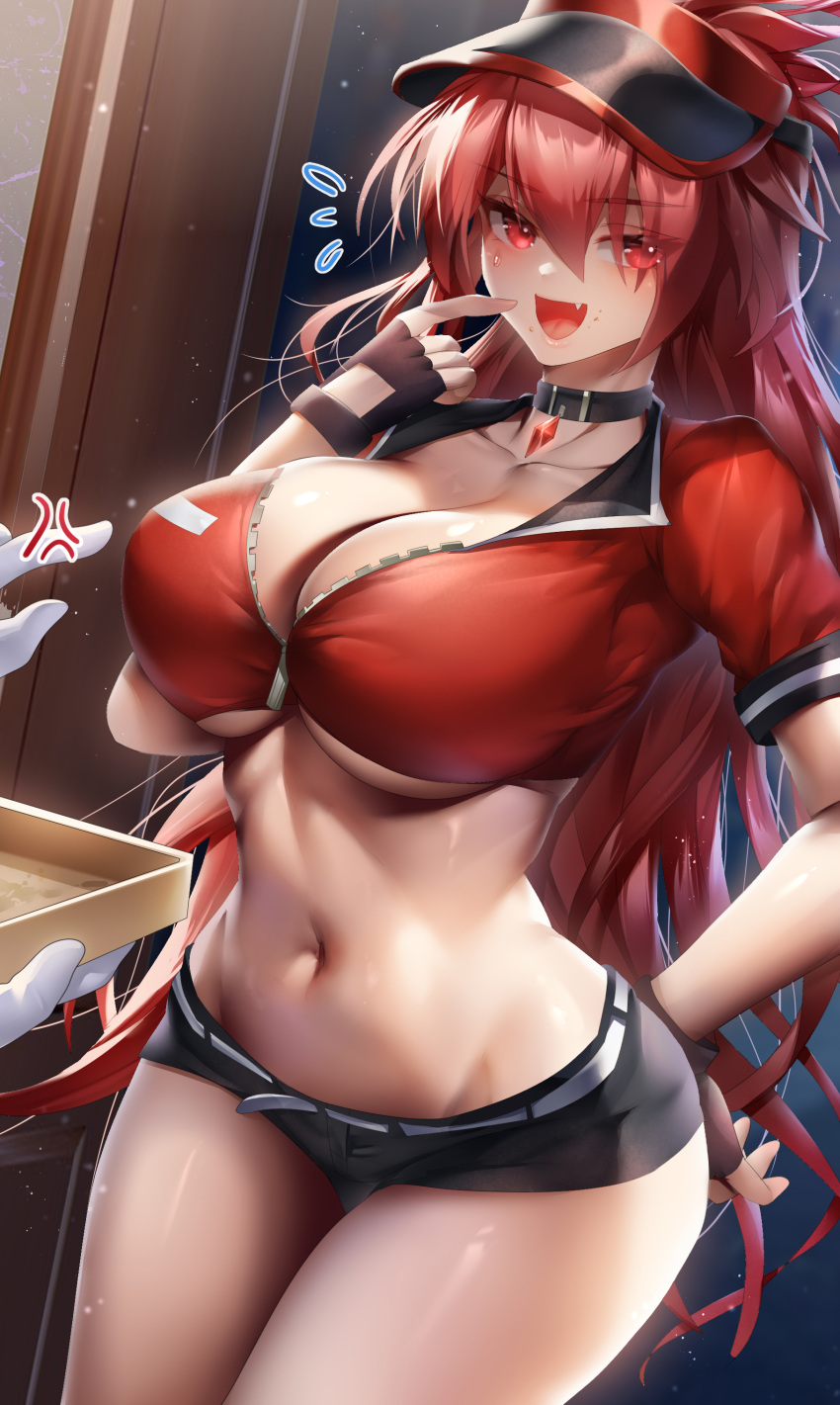 1girl absurdres alternate_costume been belt box breasts choker cleavage crop_top elesis_(elsword) elsword fingerless_gloves gloves highres holding holding_box large_breasts long_hair midriff navel open_mouth partially_unzipped pointing pointing_at_self red_eyes red_hair short_shorts shorts solo_focus stomach very_long_hair visor_cap white_belt