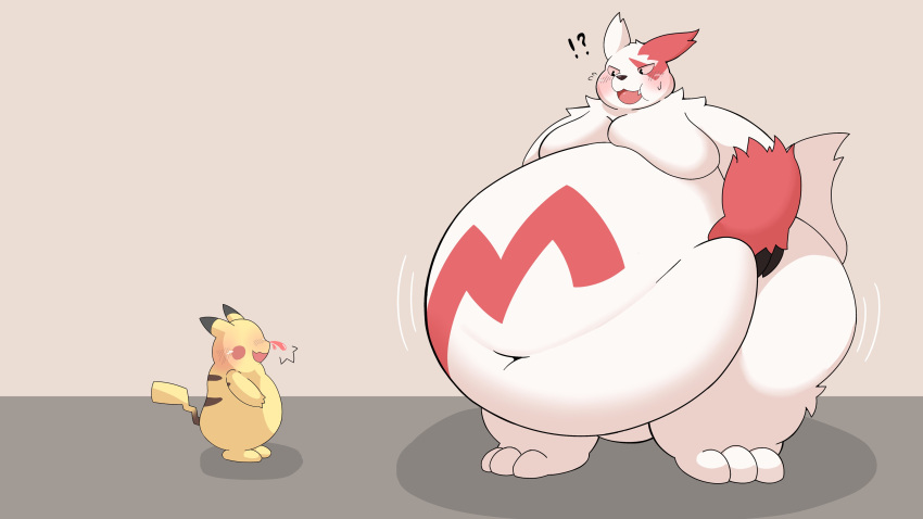 0907_kapi 16:9 2023 absurd_res belly big_belly digital_media_(artwork) duo generation_1_pokemon generation_3_pokemon hi_res huge_belly hyper hyper_belly male navel nintendo nude pikachu pokemon pokemon_(species) simple_background thick_thighs wide_hips widescreen zangoose