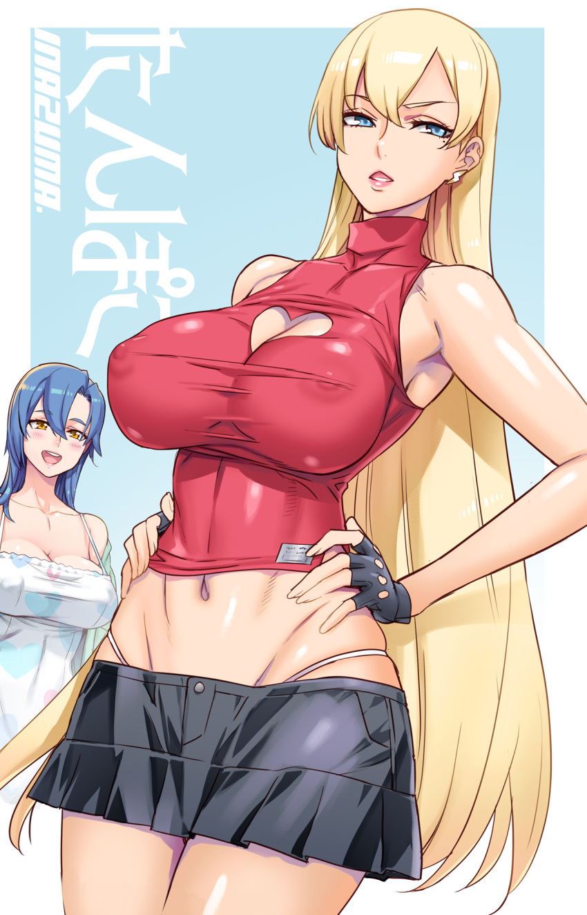 2girls :&lt; artist_name black_gloves black_skirt blonde_hair blue_background blue_eyes blue_hair breasts cleavage_cutout clothing_cutout commentary_request covered_nipples crop_top dress dutch_angle fingerless_gloves gloves hands_on_own_hips heart_cutout highres large_breasts lightning_bolt_earrings long_hair microskirt multiple_girls navel open_mouth original paid_reward_available panties red_shirt satou_shouji shiny_skin shirt skirt sleeveless sleeveless_shirt standing stomach strap_gap turtleneck underwear very_long_hair white_dress white_panties