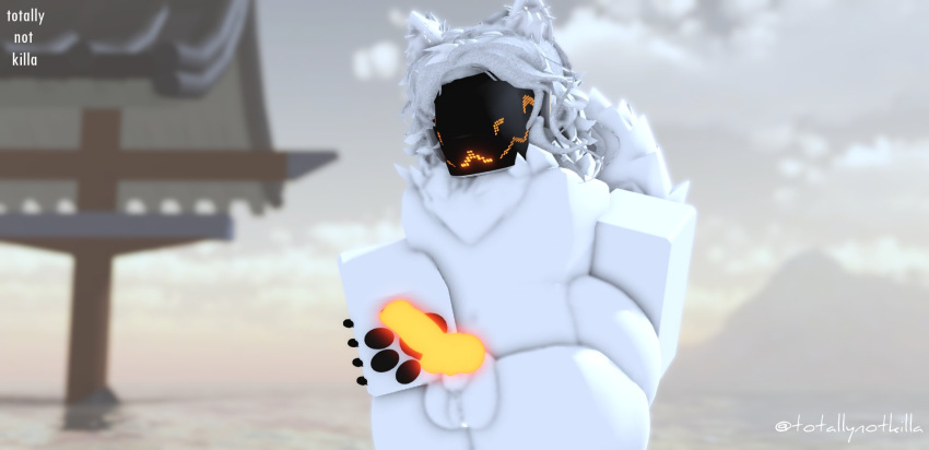 anthro balls bent_over big_butt butt fluffy fluffy_tail genitals glowing glowing_genitalia glowing_penis hair hand_on_butt hand_on_penis hi_res knot machine male nude orange_penis penis protogen protogen_visor robloxian solo tail thick_thighs totallynotkilla white_body white_hair