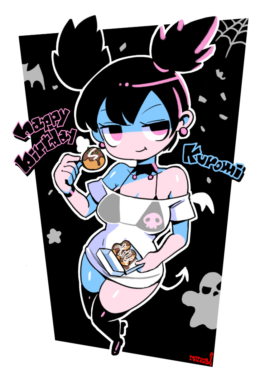 1girl :t absurdres bat_(animal) black_background black_choker black_footwear black_hair bra bracelet character_name choker dress earrings eating food full_body ghost happy_birthday highres holding holding_food humanization jewelry kneehighs korean_commentary kuromi minuspal off-shoulder_dress off_shoulder onegai_my_melody outline pink_eyes print_bra raised_eyebrow sanrio see-through see-through_dress signature silk skull_print socks solo sphere_earrings spider_web star_(symbol) string_bra takoyaki twintails underwear white_outline