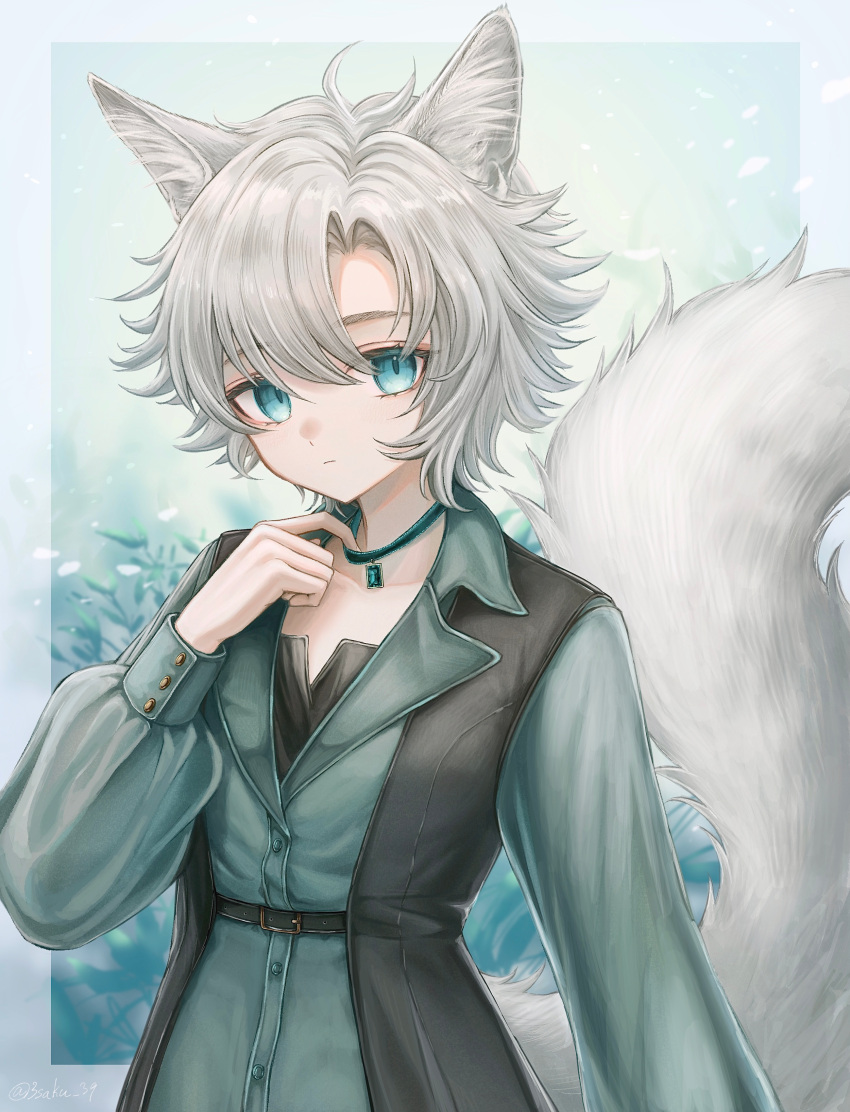 1girl 3_(sanyako1) absurdres animal_ear_fluff animal_ears antenna_hair black_vest blue_eyes cat_ears cat_tail collar collar_tug fluffy green_collar green_shirt grey_hair hair_between_eyes highres lapels long_sleeves looking_at_viewer original plant shirt short_hair solo tail tail_raised upper_body vest