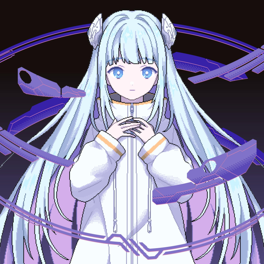 1girl absurdres album_cover blue_eyes blue_hair blunt_bangs closed_mouth commentary cover dress english_commentary expressionless hair_ornament hands_up highres indie_virtual_youtuber long_hair long_sleeves looking_at_viewer narume official_art pixel_art solo somunia straight-on upper_body very_long_hair virtual_youtuber white_dress