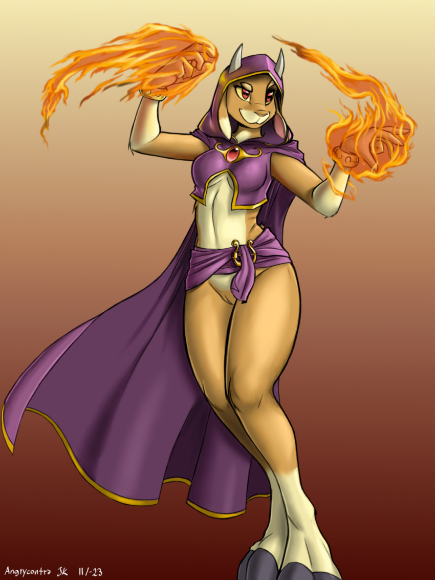 angrycontra anthro belt bottomless bovid bovid_horn bracelet breasts caprine caprine_horn clothed clothing digital_media_(artwork) elemental_manipulation female fire fire_manipulation fur genitals goat goat_horn hi_res hooves horizontal_pupils horn humanoid ineffective_clothing jewelry maena_(leinglo) magic magic_user mammal nude partially_clothed pupils pussy red_eyes sash simple_background smile solo tan_body tan_fur topwear witch