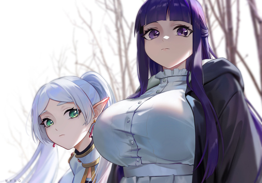 2girls bare_tree blunt_bangs breast_envy breasts day earrings fern_(sousou_no_frieren) frieren green_eyes highres huge_breasts jewelry long_hair looking_at_viewer multiple_girls open_clothes outdoors parted_bangs peach_luo pointy_ears purple_eyes purple_hair shirt skirt sousou_no_frieren tree twintails upper_body very_long_hair white_shirt white_skirt winter
