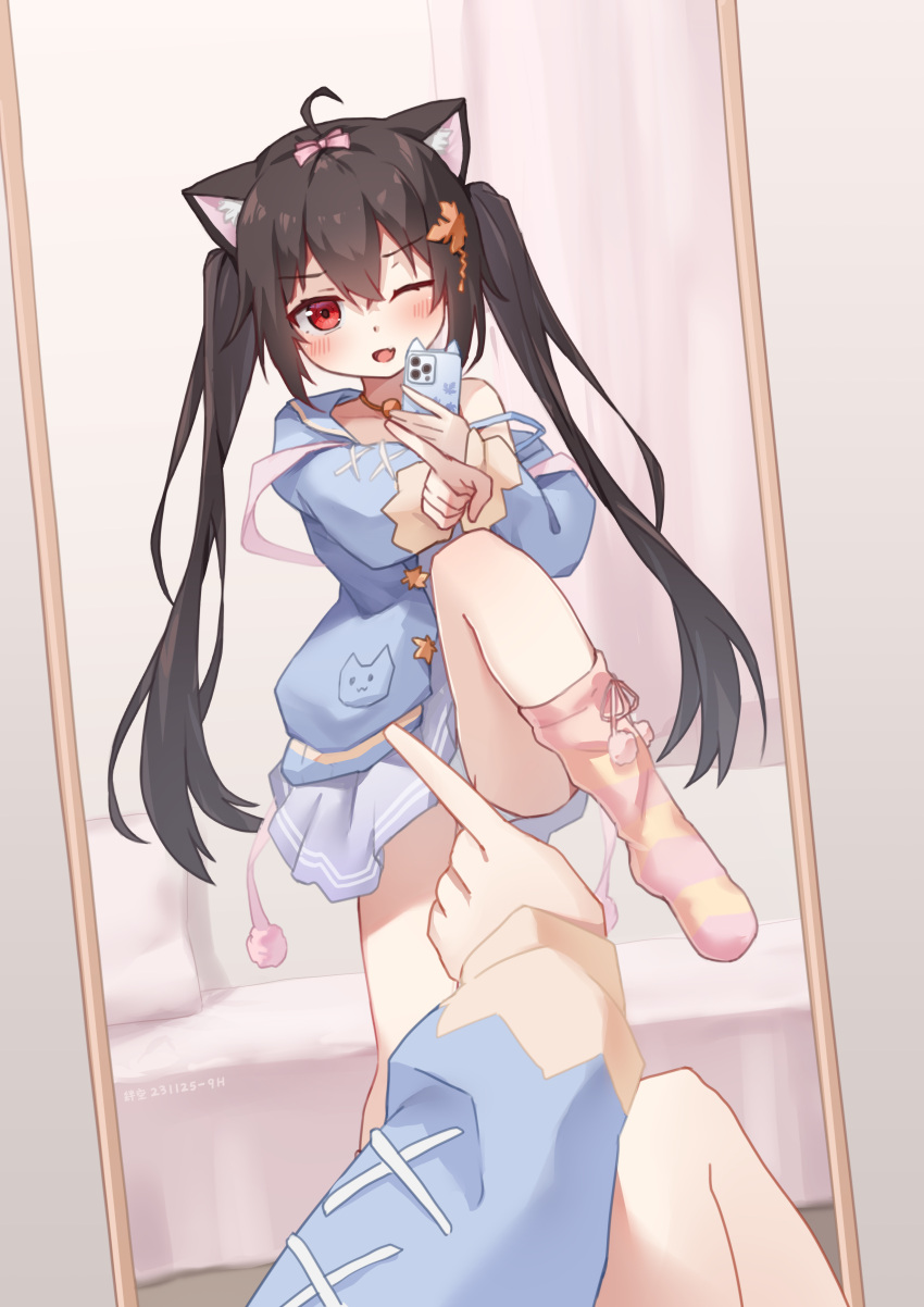 1girl absurdres ahoge animal_ears artist_name bed bed_sheet blush bow brown_hair cat_ears cat_girl cellphone commentary_request dated eleven-sora fang female_pov hair_bow hair_ornament highres holding holding_phone indoors leaf_hair_ornament leg_up long_hair meme mirror mirror_image one_eye_closed one_finger_selfie_challenge_(meme) open_mouth original phone pink_bow pov red_eyes reflection selfie sidelocks signature skirt smartphone smile socks solo standing striped striped_socks twintails