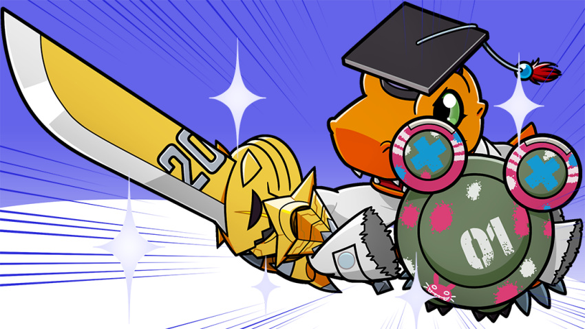 agumon_hakase artist_request digimon digimon_(creature) hat holding holding_shield holding_sword holding_weapon lab_coat ludomon mortarboard official_art shield sleeves_past_fingers sleeves_past_wrists sparkle sword weapon zubamon