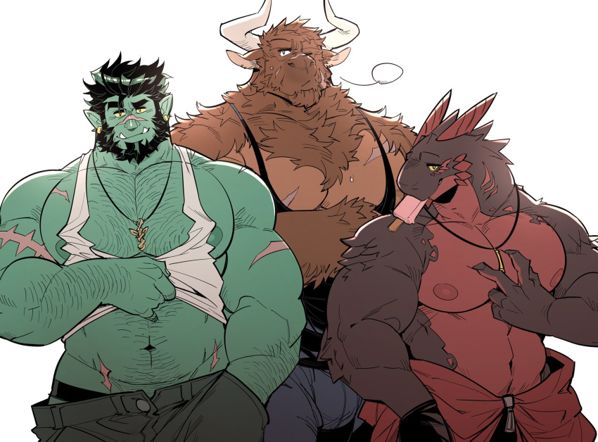 3boys aldere_(kokukokuboo) animal_ears baggy_clothes bara beard belly black_hair black_tank_top brown_fur casual chest_hair chest_tuft clothes_lift colored_skin cow_ears cow_horns cowboy_shot dragon_boy dungeons_and_dragons facial_hair furry furry_male garza_(kokukokuboo) green_skin groin hand_in_pocket head_tilt highres horns huge_eyebrows huge_pectorals jorunga_(kokukokuboo) kokukokuboo large_areolae large_pectorals lifted_by_self looking_at_viewer male_focus male_underwear male_underwear_peek mature_male midriff_peek minotaur monster_boy multiple_boys muscular muscular_male navel_hair necklace_between_pecs nipples one_eye_closed orc original pectorals plump pointy_ears scales scar scar_on_face scar_on_nose shirt_lift short_hair sweat tank_top thick_eyebrows tusks underwear white_tank_top