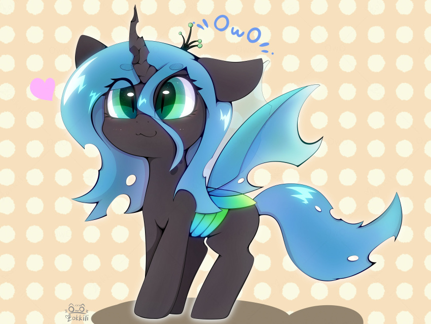 &lt;3 absurd_res arthropod black_body black_skin blue_hair blue_tail blue_wings changeling crown eyebrow_through_hair eyebrows eyelashes female feral friendship_is_magic green_eyes hair hasbro headgear hi_res horn insect_wings my_little_pony owo pupils queen_chrysalis_(mlp) signature slit_pupils smile solo tail translucent translucent_hair wings zokkili